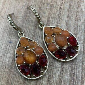 1928 Fire Orange Red Gold Tone Tear Drop Dangling Earrings